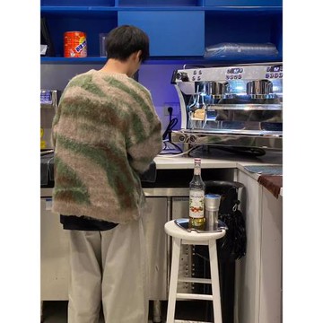 馬海毛撞色條紋拼接毛衣男慵懶風高級感日系復古情侶針織衫外套潮