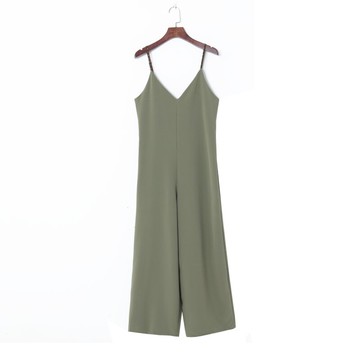 春季女裝時尚歐美風氣質V領性感露肩漏背寬松闊腿連衣褲