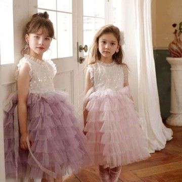 英國女童無袖亮片連衣裙蛋糕裙夏款女孩鋼琴主持禮服裙兒童公主裙