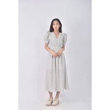 (M) chili koko碎花質感V領白色洋裝二手衣