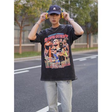 籃球斯蒂芬·庫里Stephen·Curry水洗做舊印花T恤短袖復古純棉