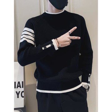 秋冬季黑色毛衣男士假兩件打底衫長袖內搭2025新款男裝條紋針織衫