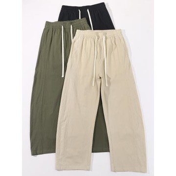 日系男士闊腿休閑褲夏季薄款沙紋垂感透氣百搭抽繩松緊腰直筒長褲