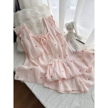 甜美櫻桃印花飛飛袖睡衣女帶胸墊夏季小衆背心短褲家居服套裝外穿 夏天睡衣 女睡衣 短袖睡衣 冰涼睡衣 家居服