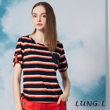 LUNG.L林佳樺 藍色橘色條紋下擺綁結短袖棉質上衣LP45A