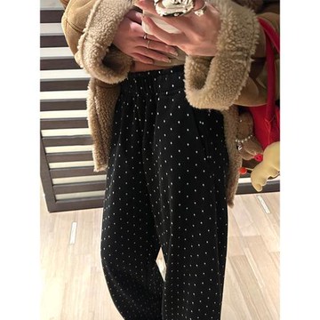 黑色波點高腰闊腿休閑褲女2025新款秋冬款寬松慵懶風百搭直簡長褲