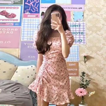 法式初戀碎花連衣裙女夏新款設計感小眾抽繩收腰超仙純欲氣質裙子