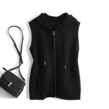 百搭連帽馬甲女裝秋季新款太空棉大口袋拉鏈開衫無袖簡約衛衣馬夾