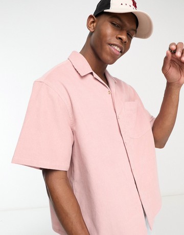 ASOS DESIGN boxy cord oversized shirt in light pink