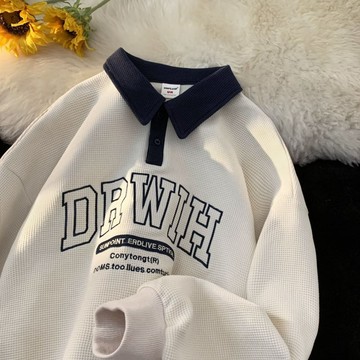 免運！ 華夫格 大學t POLO領衛衣 男 秋季ins 潮流 刺繡字母圖案 日係複古 翻領大學T T1