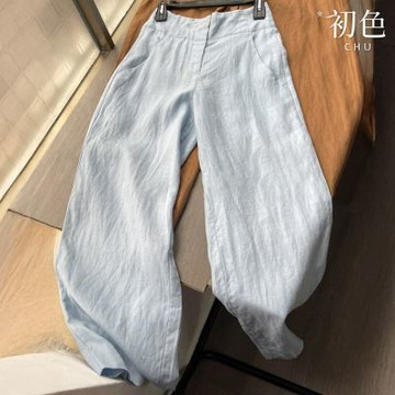 初色 亞麻風純色高腰口袋寬鬆直筒褲休閒褲寬褲長褲-淺藍色-51898(M-2XL可選)