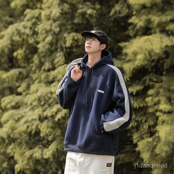 M-8XL 臺灣出貨 帽T 大呎碼帽T 春秋日係複古拚接連帽休閒衛衣男女生寬鬆套頭工裝外套情侶裝上衣 KQUR