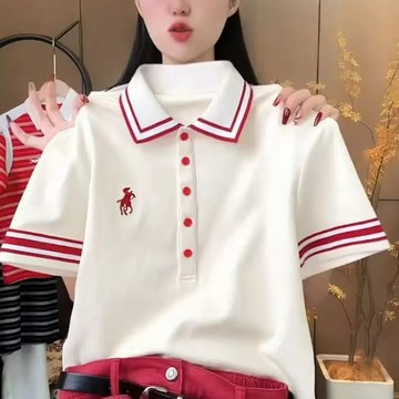 【純棉 POLO 女】新款衣服女裝純棉POLO衫上衣女款爆款夏季翻領羈絆條紋短袖女