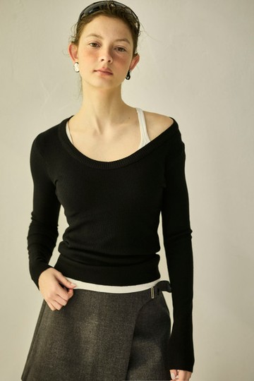 貼身圓領針織長袖上衣-黑