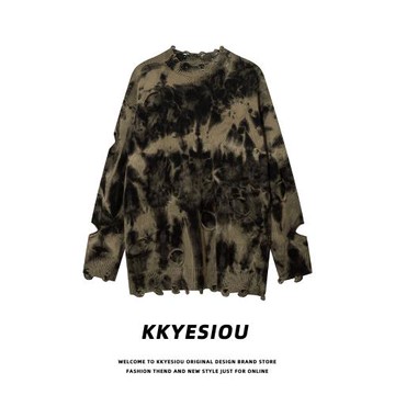 KKyesiou痞帥潮牌美式街頭情侶針織衫男女破洞設計感扎染歐美毛衣