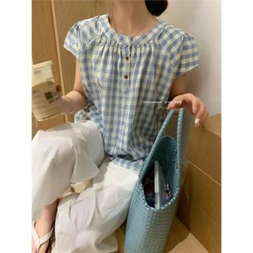 韓版格子襯衫寬松簡約圓領短袖
