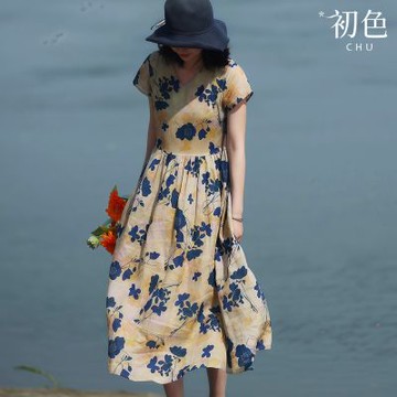 初色 復古風滿版印花撞色圓領短袖公主裙中長裙連衣裙連身洋裝-花色-50457(M-2XL可選)