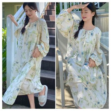 AKARA 清新優質舒適穿海棠長袖居家服洋裝(固定胸襯/舒適親膚布料/增加柔順舒眠)