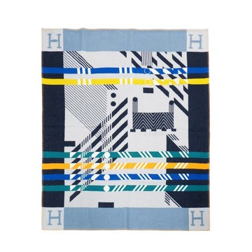 Hermes 展示品 Avalon JumpH 緹花羊毛混紡雙面薄毛毯(黑灰淡藍)