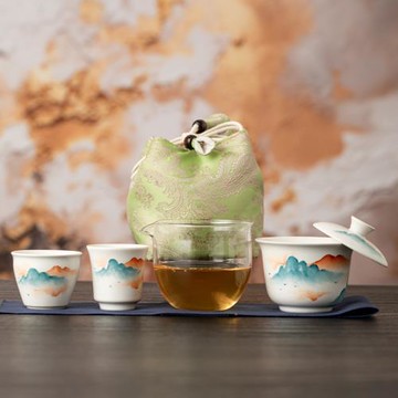 手繪山水荷花快客杯一壺兩杯玻璃旅行茶具套裝戶外泡茶便攜收納包