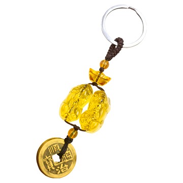 雙貔貅元寶 招財五帝錢鑰匙圈 黃琉璃  金色  1個