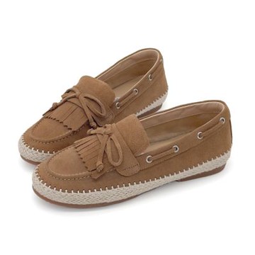 Robinlo 真皮流蘇蝴蝶結懶人樂福鞋 MARILEY 焦糖拿鐵