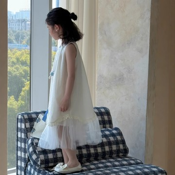 夏季新品上新   童裙  夏款女寶寶韓版素色拼紗洋裝兒童休閒寬鬆背心裙