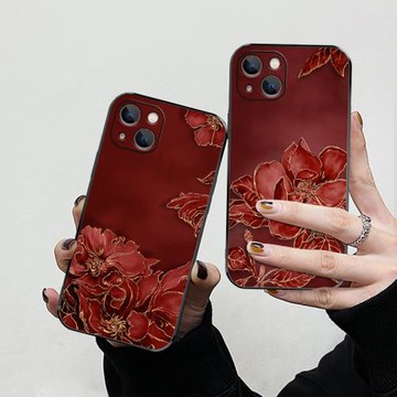 金邊墨紅適用蘋果16promax手機殼15pro新款iphone14女款12中國風11新年xr復古xs鏡頭max全包8plus紅色7保護套