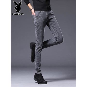 花花公子男士加絨牛仔褲秋冬季新款潮牌修身小腳休閑青年長褲子男