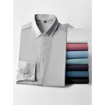 輕奢高端冰絲免熨燙白襯衫暗扣壓膠商務休閑修身男士長短袖襯衣薄