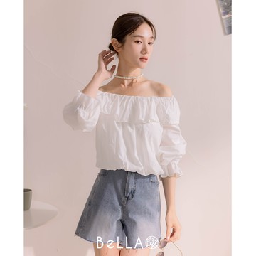 【買2送1】BeLLA  珍珠項鍊露肩上衣 白色