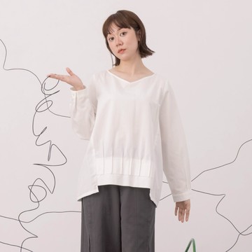 【MOSS CLUB】立體褶排列不規則衣襬長袖V領上衣 黑 白 芥黃