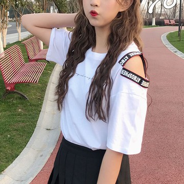 新款丅恤古著感少女設計感小眾寬松半袖上衣露肩短袖t恤女夏