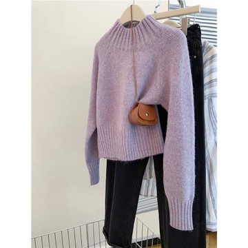 紫色半高領加厚針織毛衣女2025冬短款小個子慵懶內搭歐貨套頭上衣