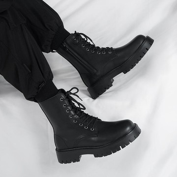 黑色側拉鍊馬丁靴男款真皮高筒英倫風皮鞋厚底工裝中筒皮鞋男秋季