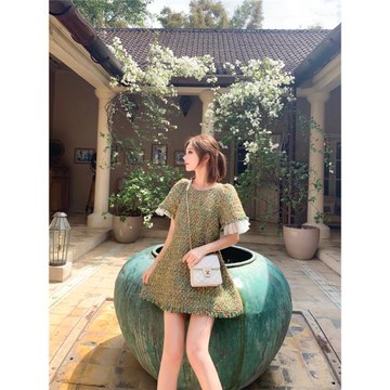 小香風連衣裙女秋季泡泡袖A字流蘇氣質名媛甜美優雅法式粉色裙子