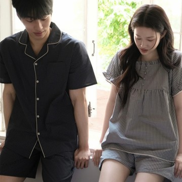 🍂 JUUNEEDU 現貨 短袖 Late Check 小格紋 情侶睡衣 套裝 上衣 褲子 韓國品牌 短褲