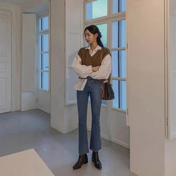 韓國小個子微喇叭牛仔褲女九分2025春秋高腰彈力修身顯瘦八分褲子