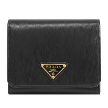 PRADA 1MH176 三角LOGO水波紋皮革三折扣式短夾.黑