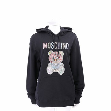 MOSCHINO COUTURE 彩色寶石泰迪熊印花黑色棉質連帽運動衫 大學T
