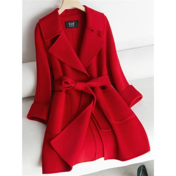 紅色雙面羊絨大衣女中長款小個子結婚秋冬新款高檔時尚羊毛呢外套