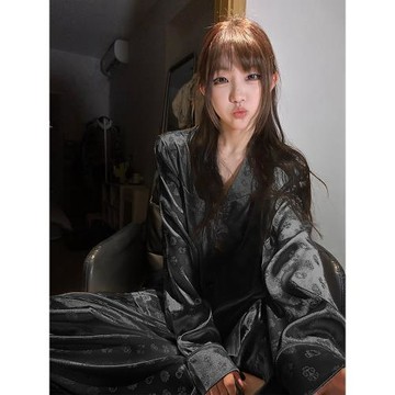 韓版高級黑新中式印花緞面冰絲睡衣女春秋款2025新款家居服套裝夏