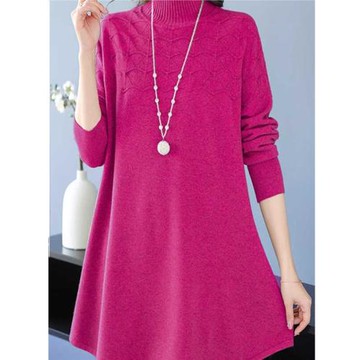 秋冬半高領羊毛衫女士中長款寬松打底針織衫大碼洋氣遮屁股毛衣裙