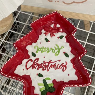 立體手繪出口聖誕松樹異形陶瓷盤早餐盤甜品點心碟子聖誕餐具