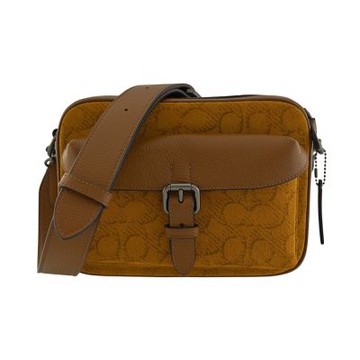 COACH沙金色C Logo麂皮拼接焦糖色荔枝紋皮革前釦袋中款斜背男包