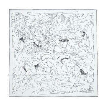 Hermes 愛馬仕 Mille et Un Lapins 90 cm手工捲邊斜紋真絲方巾(白/黑)