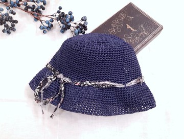 手工編織裂布裝飾經典寬沿漁夫草帽(遮陽草帽/小臉效果/防曬)