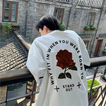 玫瑰花印花短袖t恤男士夏季美式復古寬松潮牌ins街頭風半袖體恤衫