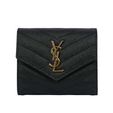 YSL 金字山形紋魚子醬皮三折零錢袋短夾(黑色) 692061 BOW01 1000