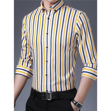 2026新款長袖襯衫男青年商務休閑職業裝修身免燙黃色條紋襯衣男裝